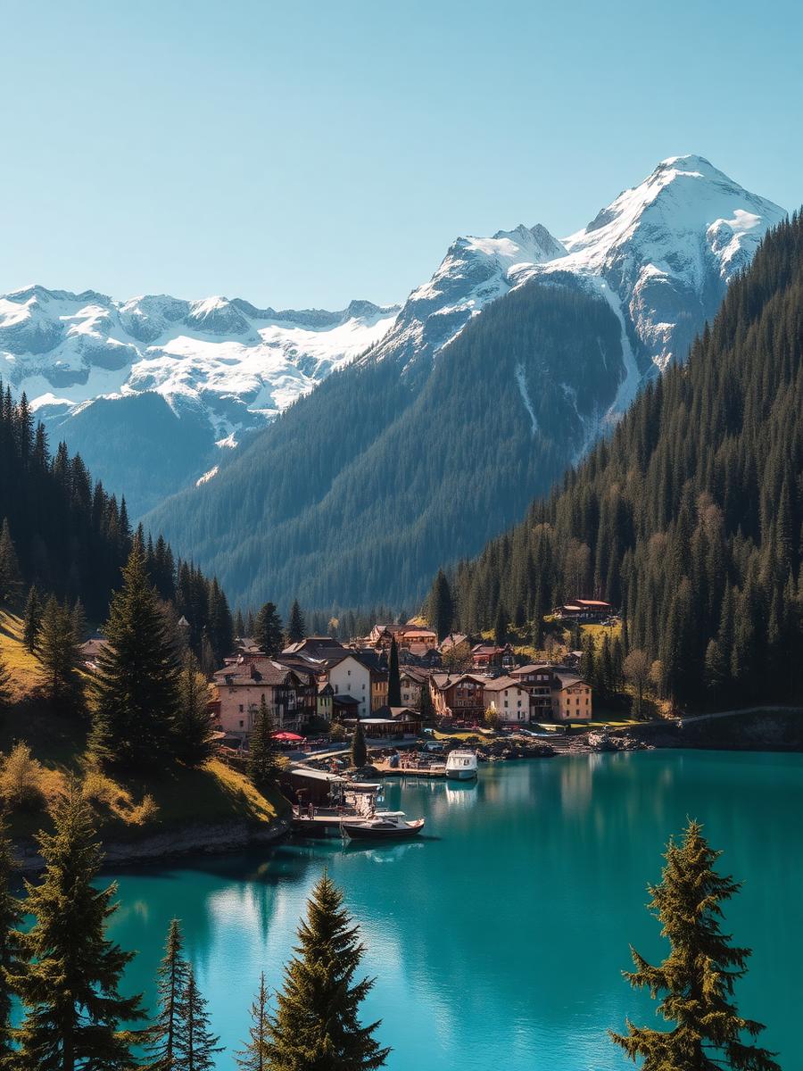 Alpine lake village with snowy peaks