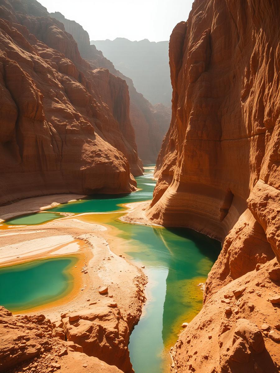 Turquoise wadi pools between golden canyon walls in Oman