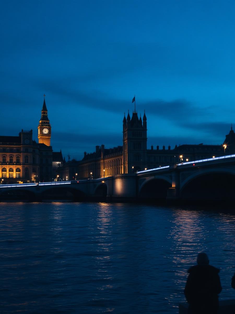 London riverside at blue hour