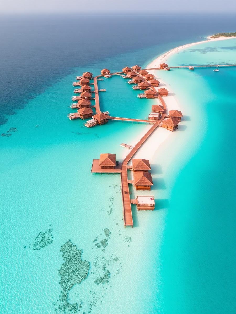 Overwater villas above a clear turquoise lagoon